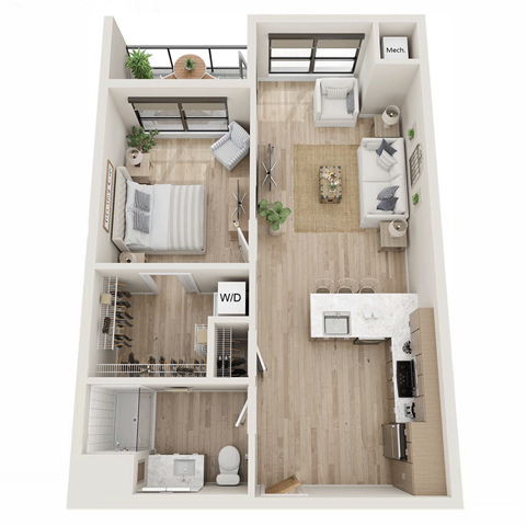 Floor plan for 1 bed, 1 bath, 684 sqft